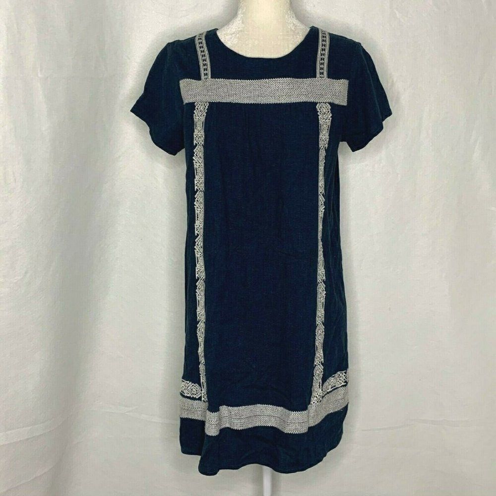 Brass Roe CTS Shift Dress M Blue White Embroidery